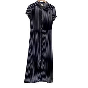 J. Crew Medium Blue White Stripe Maxi Shirt Dress Long Short Sleeve